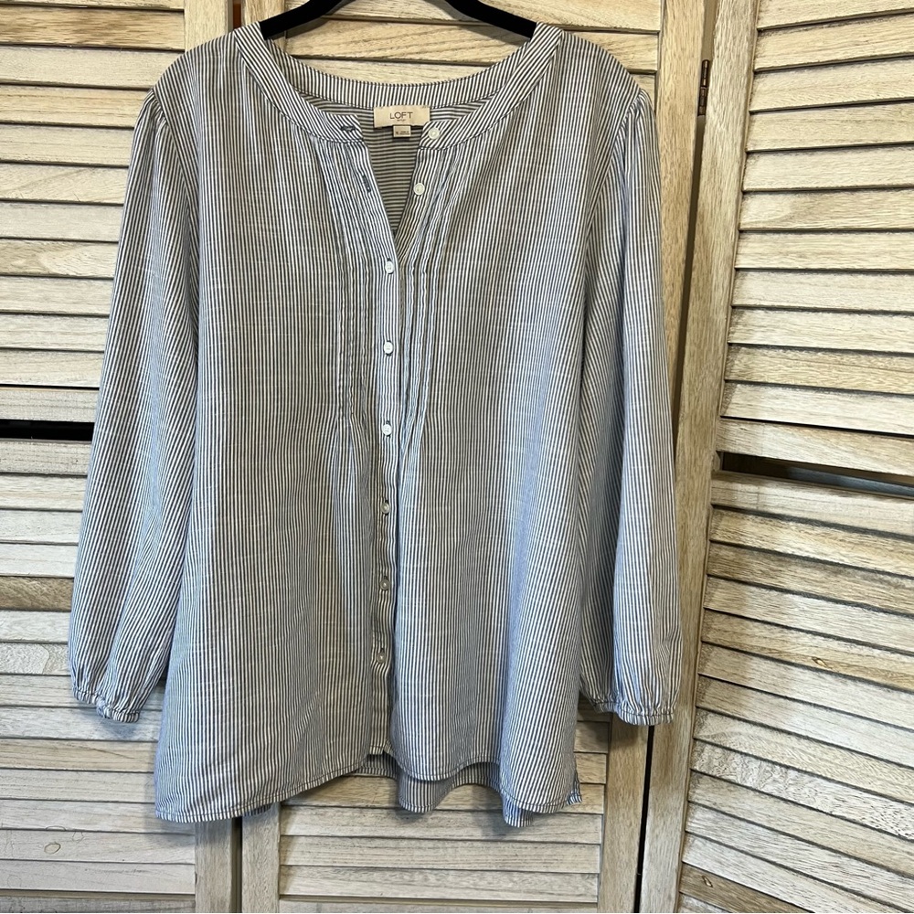 LOFT Blue and White Blouse with Mandarin Collar and Relaxed Fit
